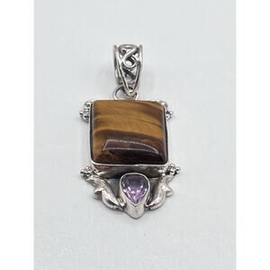 Sterling Silver 925 Pendant Only Square Tiger’s Eye Teardrop Purple Amethyst